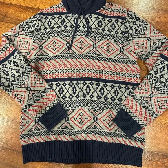 American Rag Pullover Mens L Gray Blue Tribal Print Hooded Drawstring Relaxed - Picture 1 of 6